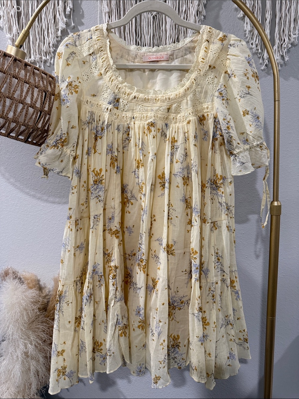 Olivaceous Cream Floral Smocked Babydoll Dress